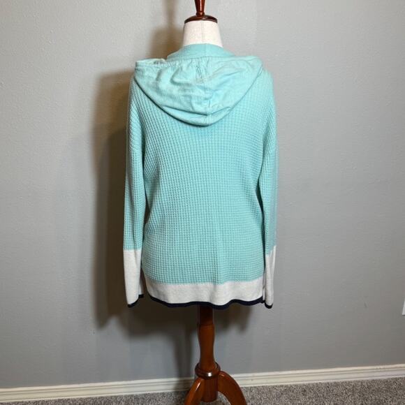 T by Talbots hoodie mint green white navy waffle weave tunic top lambswool Sz L - Picture 4 of 8